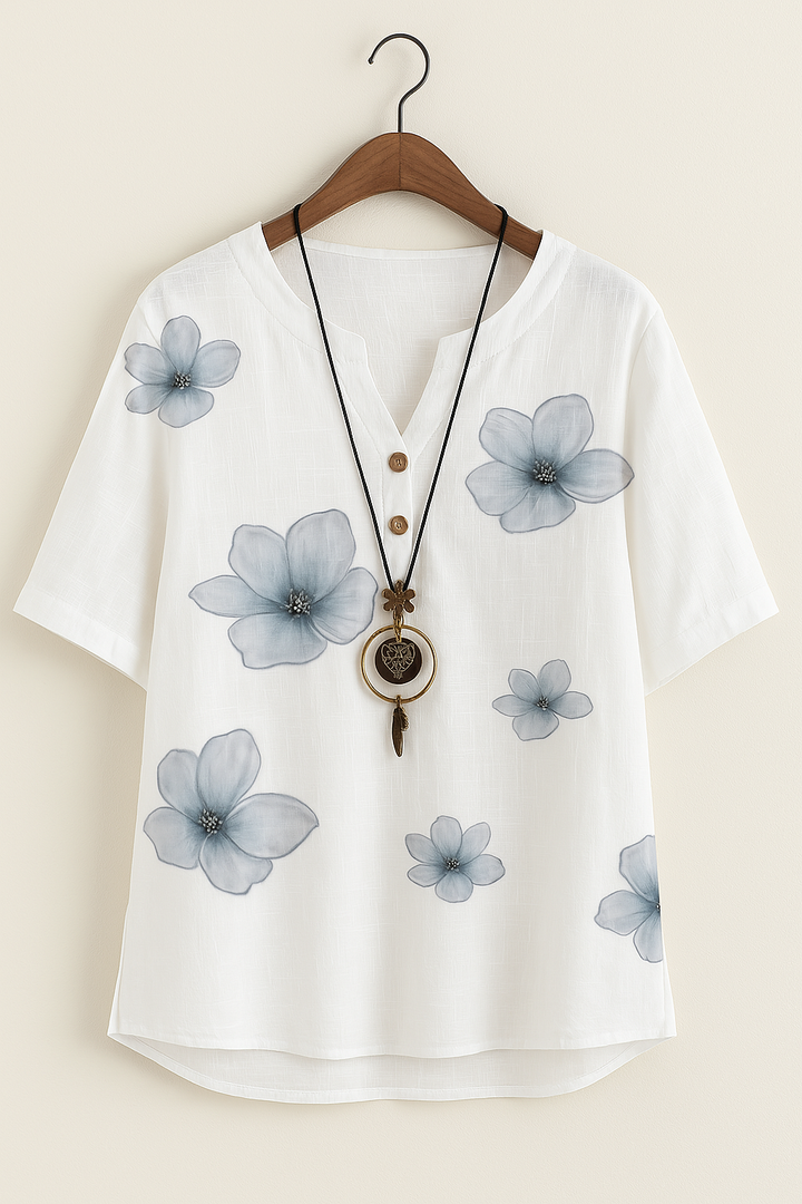 Blouse met bloemenprint, knopen, V-hals en halve mouwen