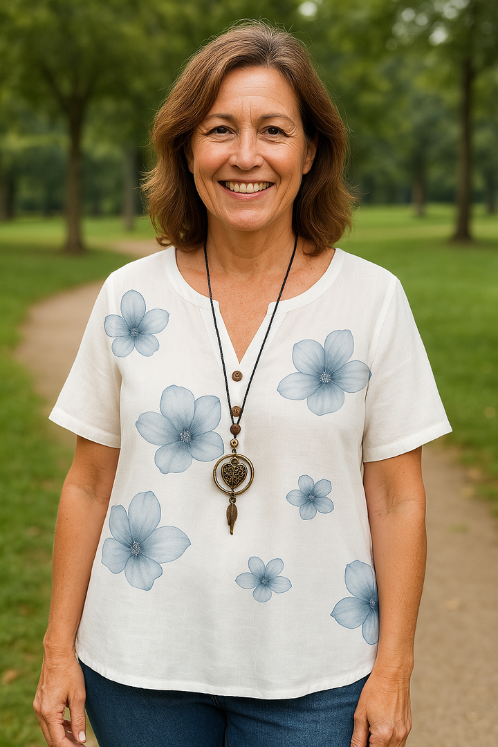 Blouse met bloemenprint, knopen, V-hals en halve mouwen