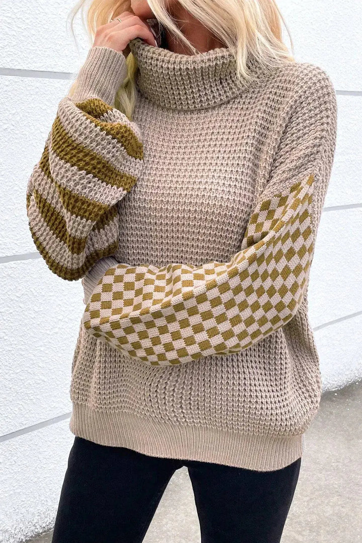 Gestreepte Ruit Patchwork Waffle Knit Coltrui
