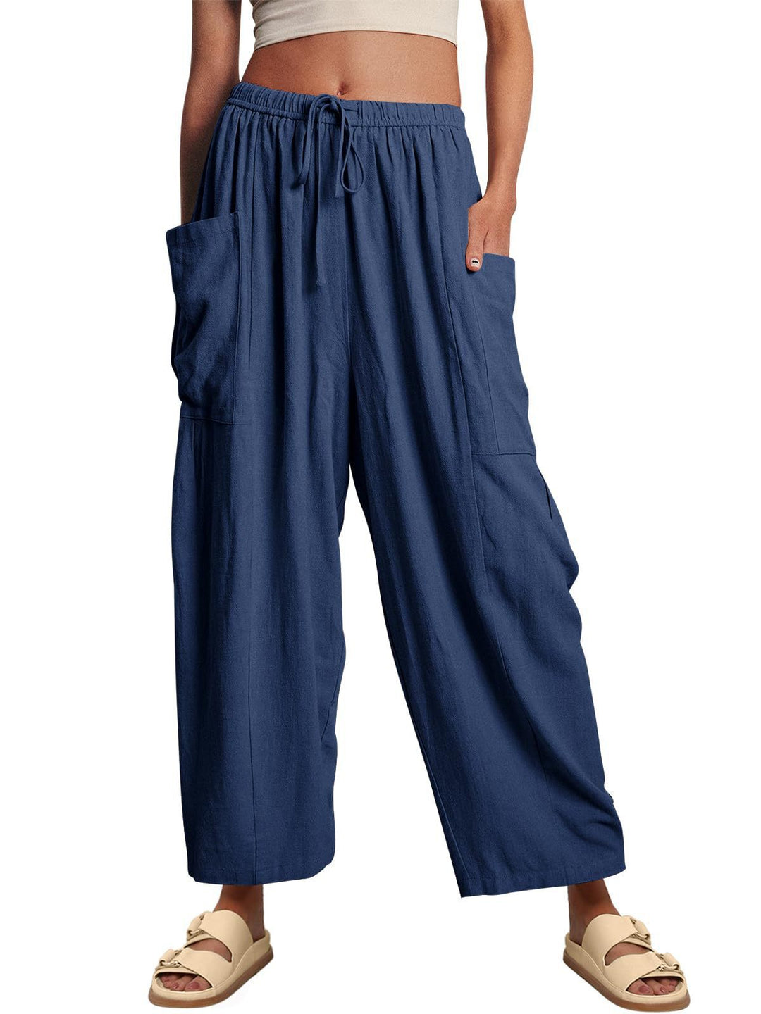 Pantalons met elastische taille, geplooid en met wijde pijpen
