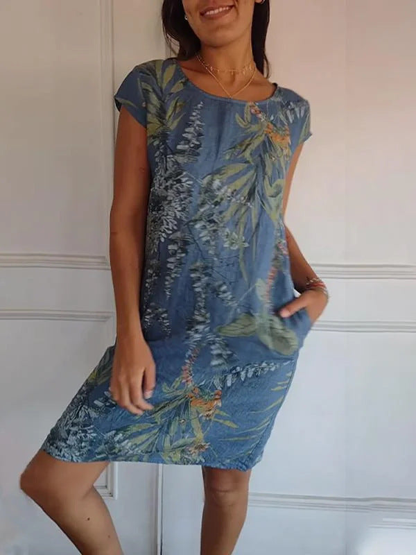 Printed Pocket Crew Dress met korte mouwen