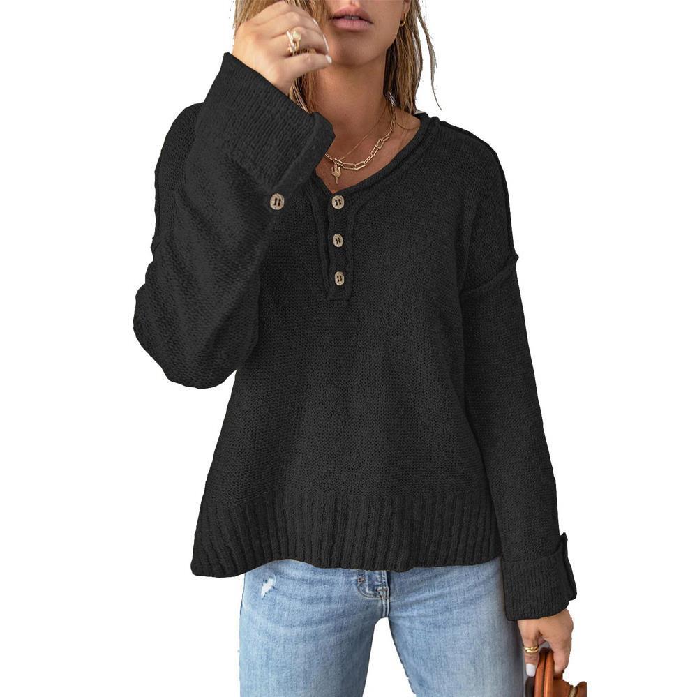 Loose Button Gebreide Drop Shoulder Sweater Dames