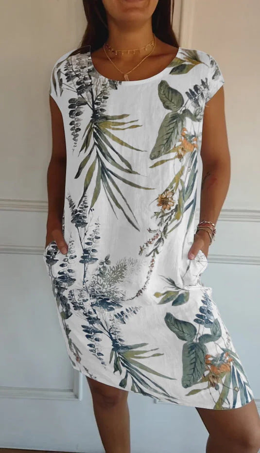 Printed Pocket Crew Dress met korte mouwen