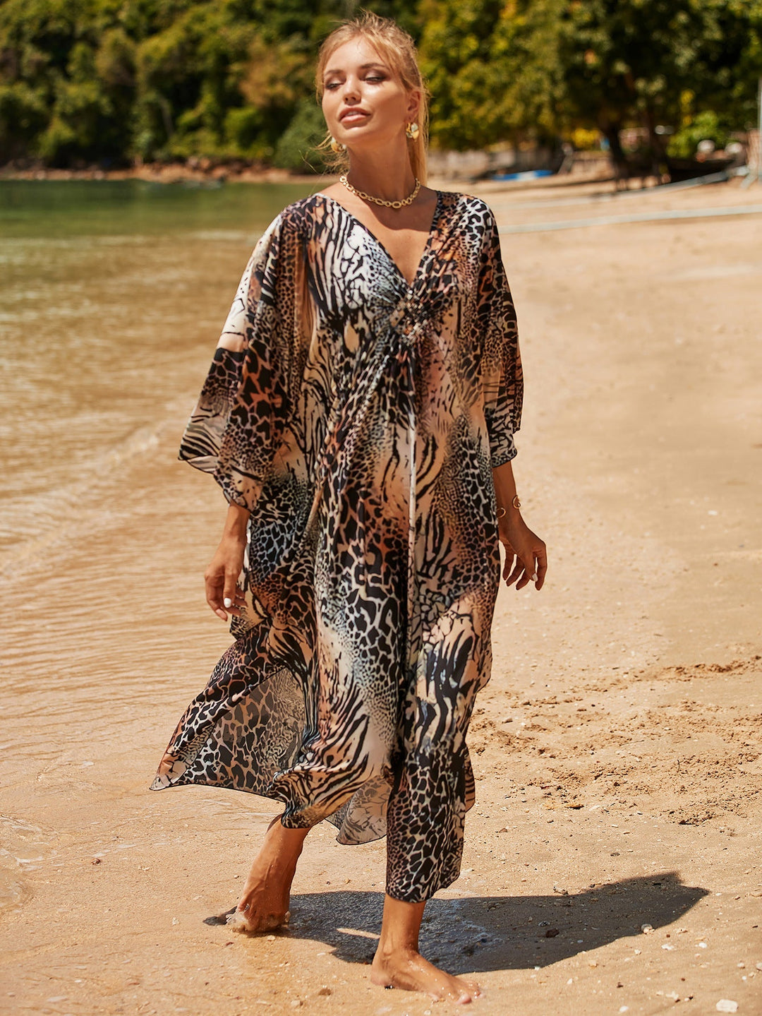 Coral Breeze Wrap Dress met Kimono-mouwen