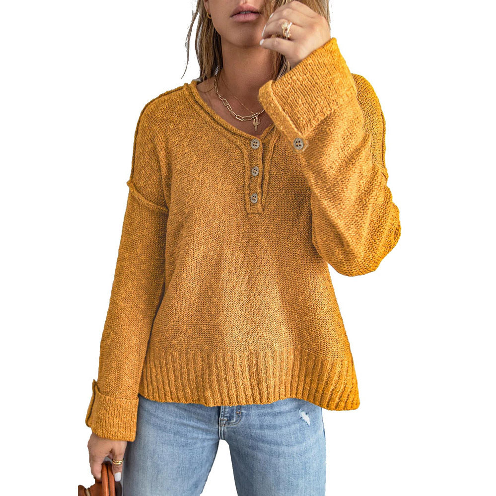 Loose Button Gebreide Drop Shoulder Sweater Dames