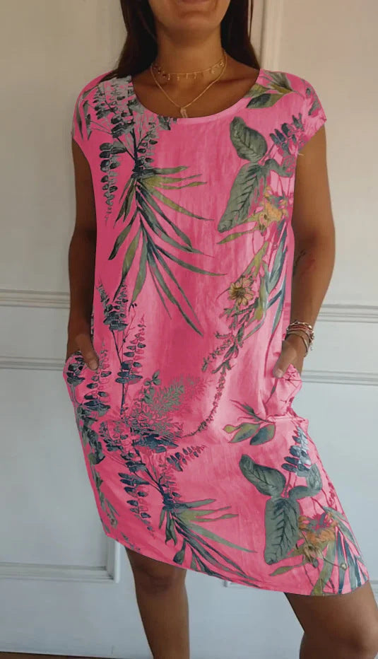 Printed Pocket Crew Dress met korte mouwen