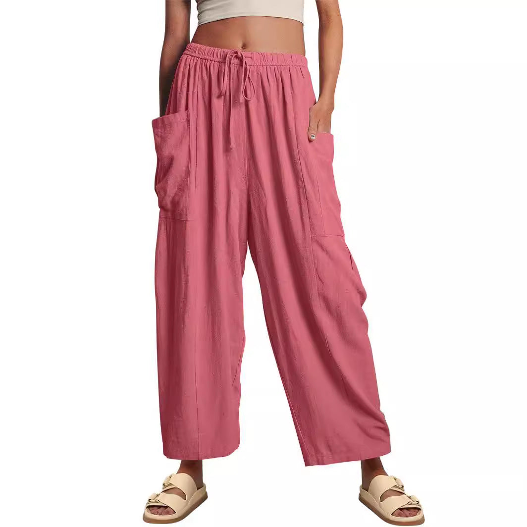 Pantalons met elastische taille, geplooid en met wijde pijpen