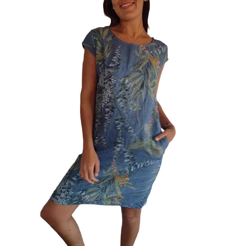 Printed Pocket Crew Dress met korte mouwen