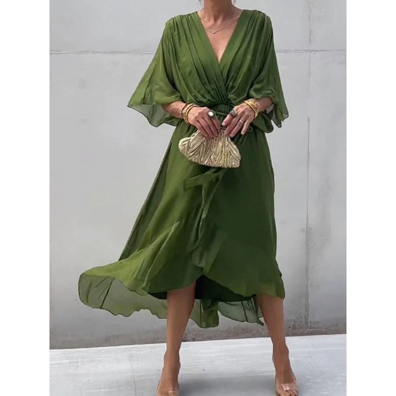 Batwing lange jurk met strikceintuur