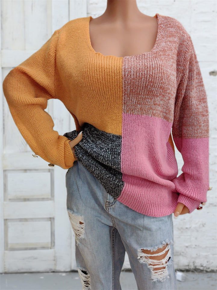Color Block trui met lange mouwen en decoratieve knopen