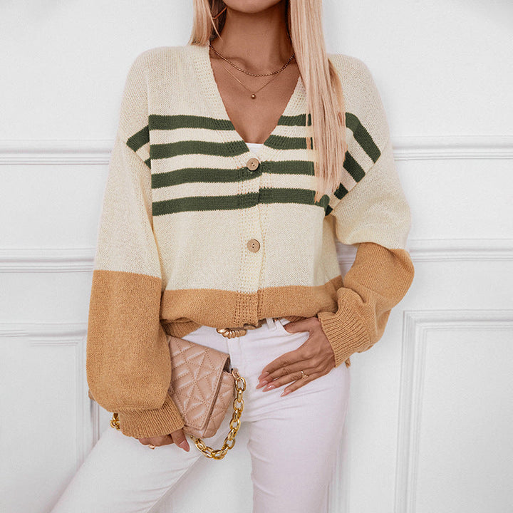 Color Block V-hals Cardigan met knopen en lange mouwen