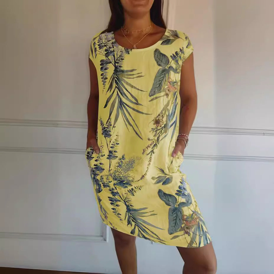 Printed Pocket Crew Dress met korte mouwen