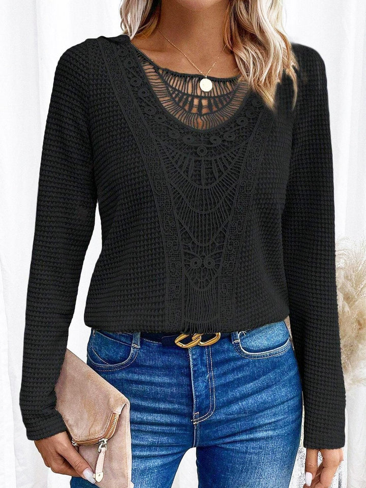 Top met ronde hals en kanten patchwork