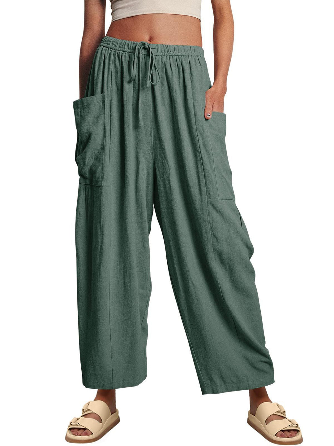 Pantalons met elastische taille, geplooid en met wijde pijpen