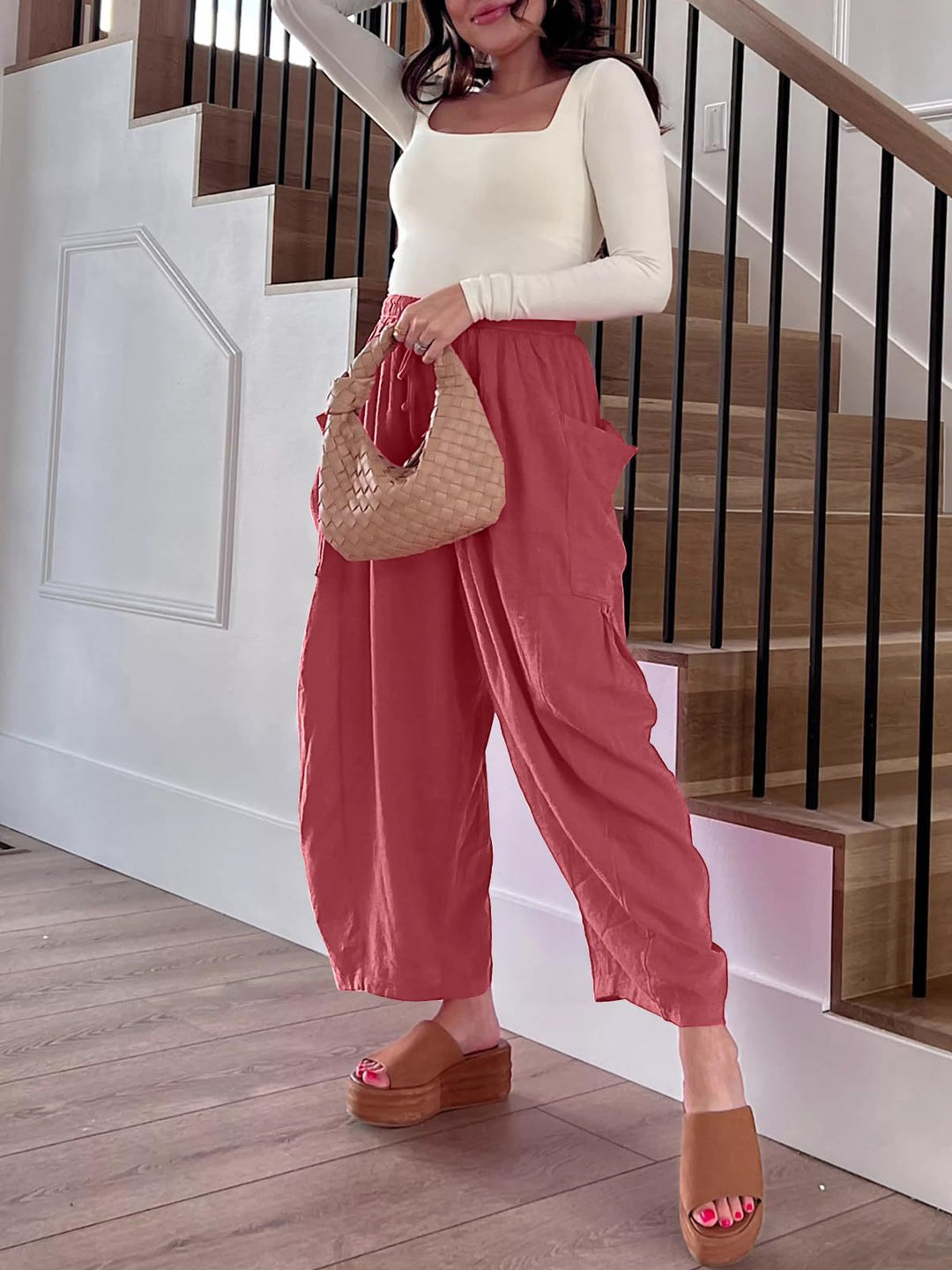 Pantalons met elastische taille, geplooid en met wijde pijpen