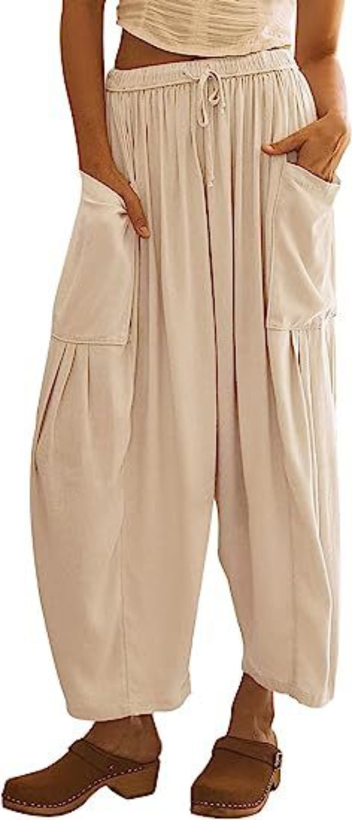 Pantalons met elastische taille, geplooid en met wijde pijpen