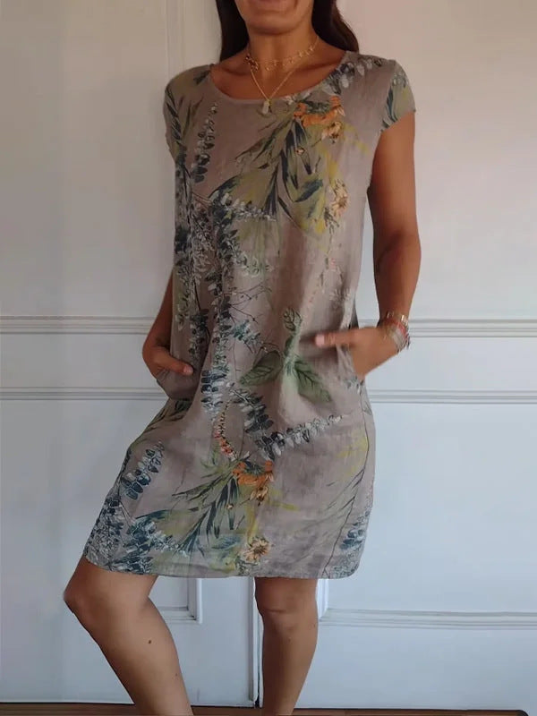 Printed Pocket Crew Dress met korte mouwen