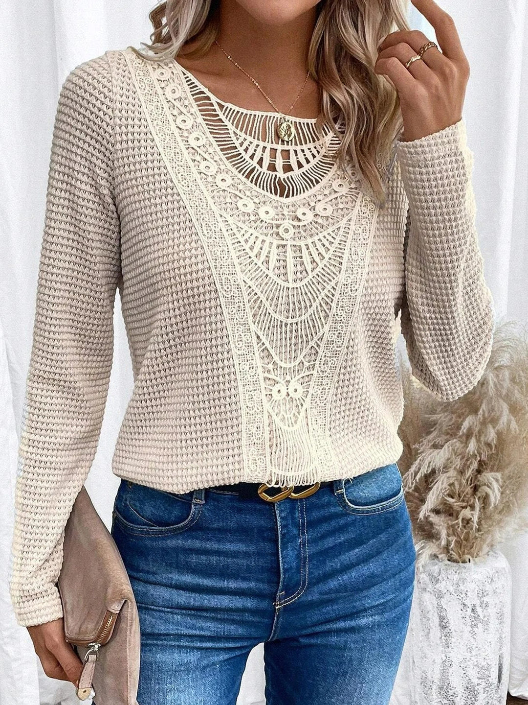 Top met ronde hals en kanten patchwork