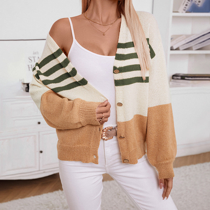 Color Block V-hals Cardigan met knopen en lange mouwen