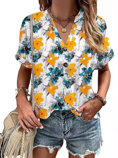 Bedrukte V-hals blouse met knoopjes