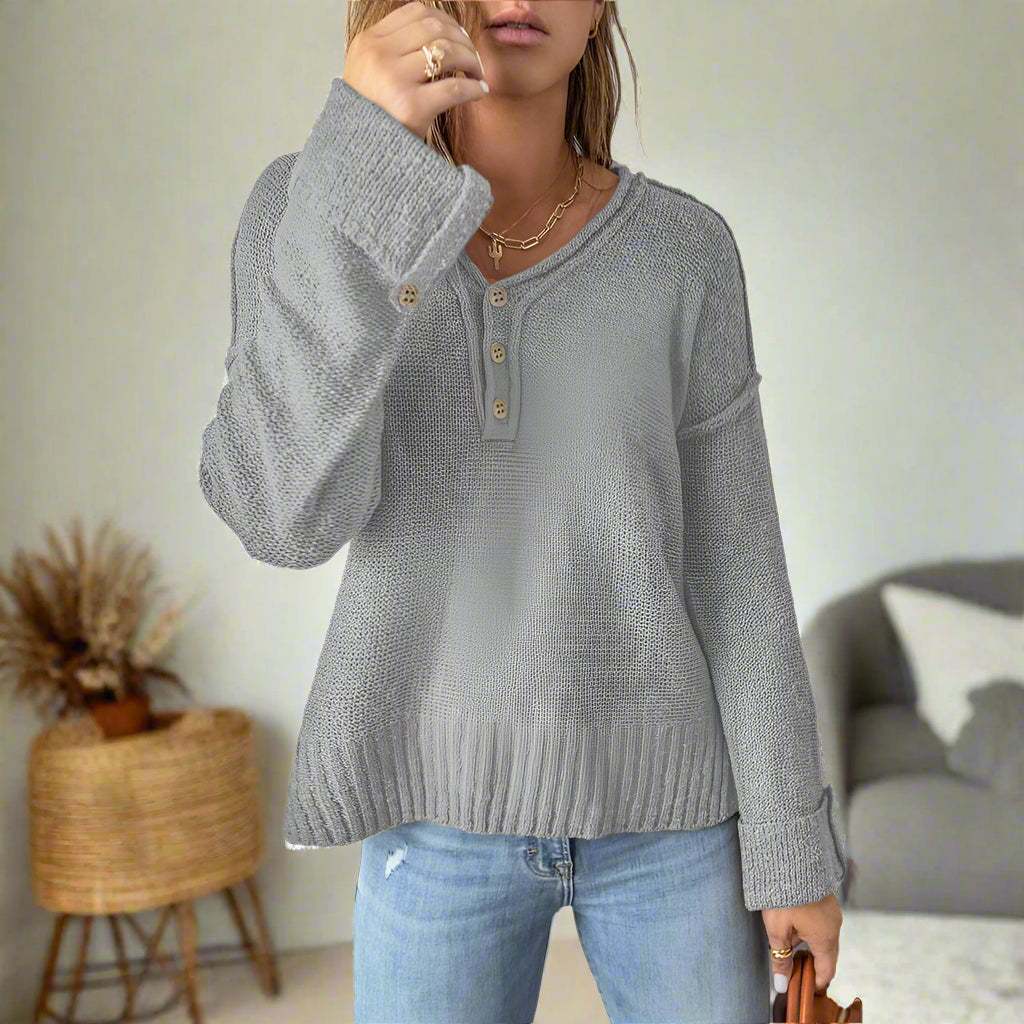 Loose Button Gebreide Drop Shoulder Sweater Dames