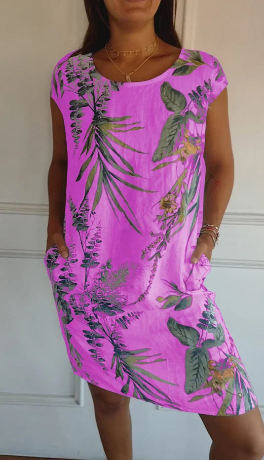 Printed Pocket Crew Dress met korte mouwen