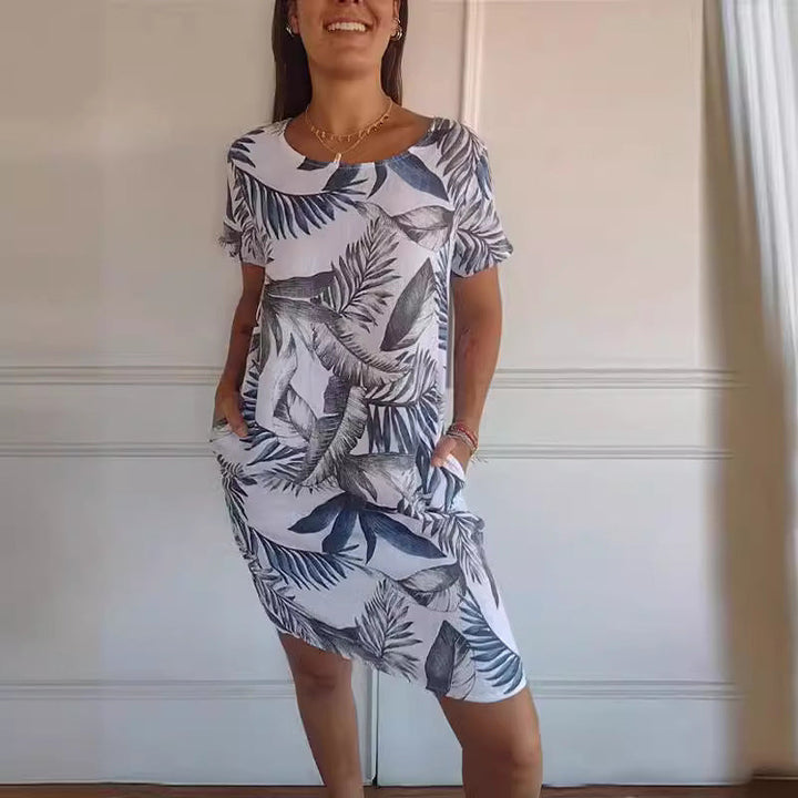 Printed Pocket Crew Dress met korte mouwen
