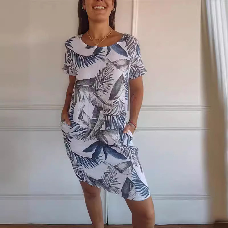 Printed Pocket Crew Dress met korte mouwen