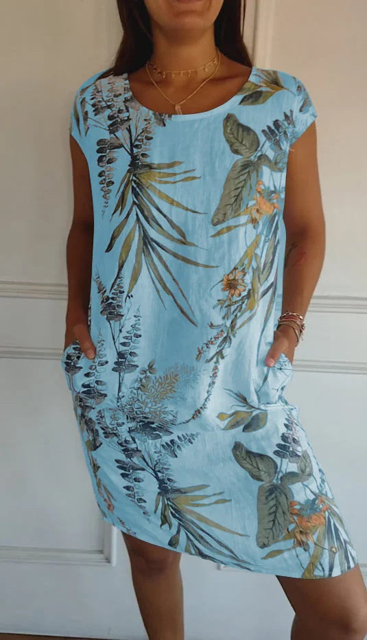 Printed Pocket Crew Dress met korte mouwen