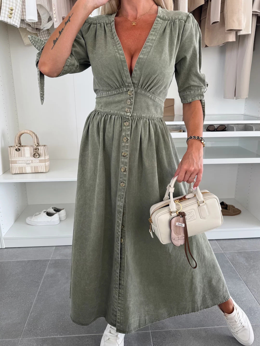 Lange Denim-jurk met V-hals