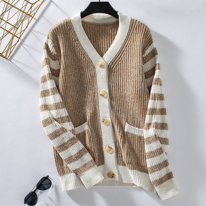 Dames Gestreepte Geknoopte Long Sleeve Casual Knit Cardigan