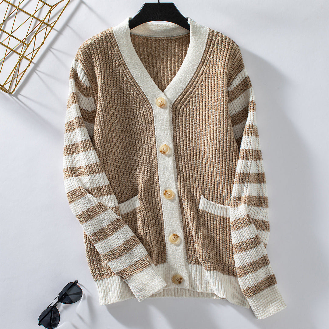 Dames Gestreepte Geknoopte Long Sleeve Casual Knit Cardigan