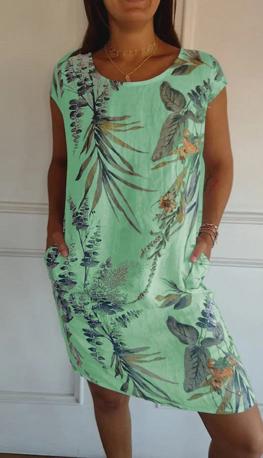 Printed Pocket Crew Dress met korte mouwen