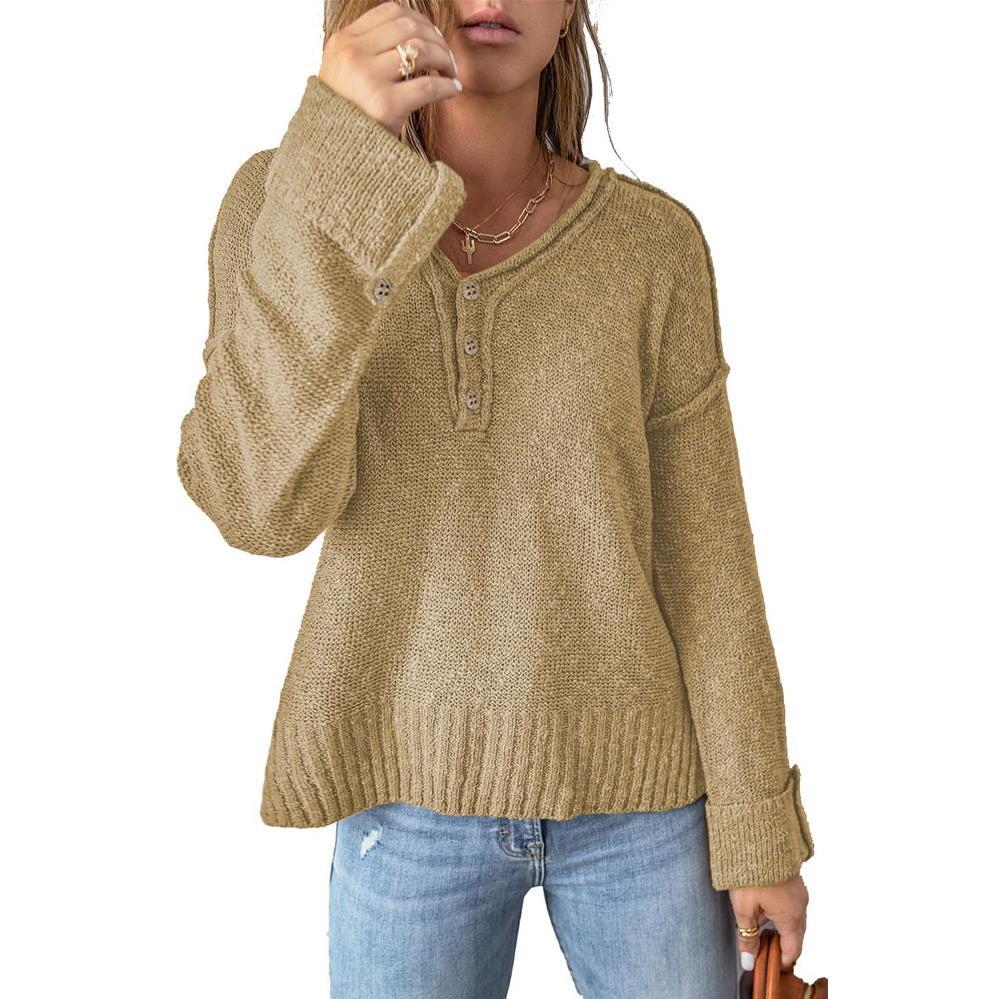 Loose Button Gebreide Drop Shoulder Sweater Dames
