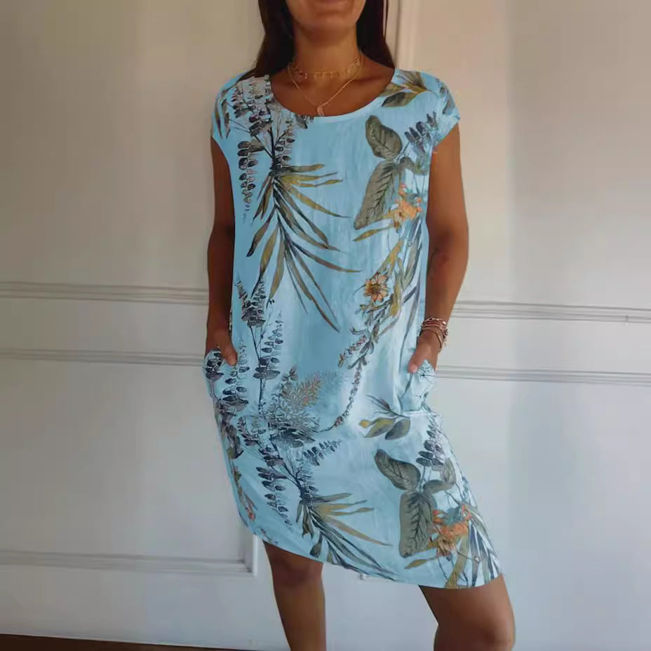 Printed Pocket Crew Dress met korte mouwen