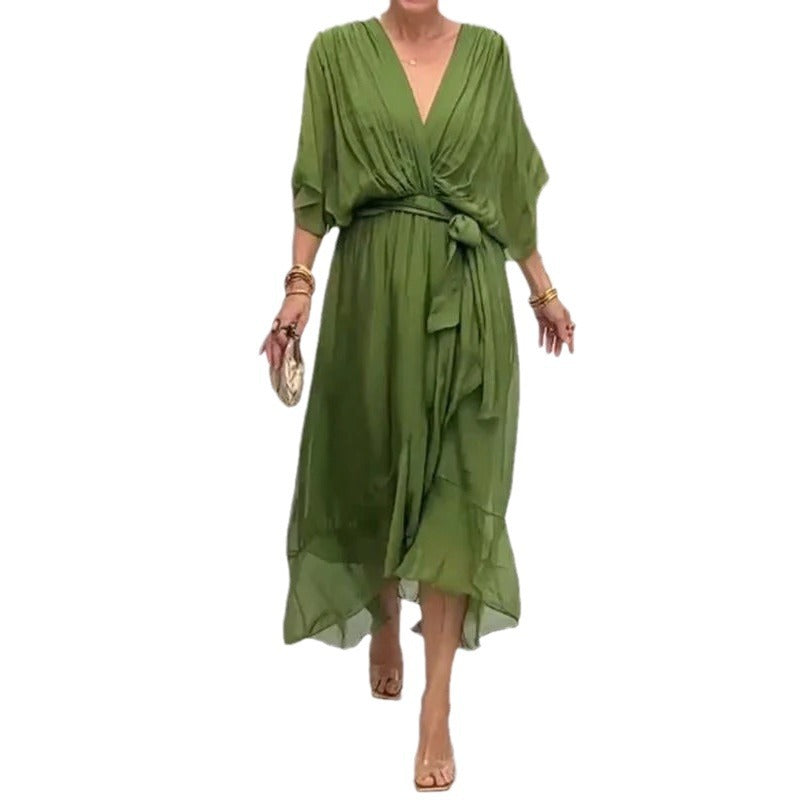 Batwing lange jurk met strikceintuur