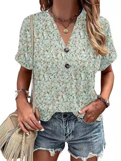 Bedrukte V-hals blouse met knoopjes