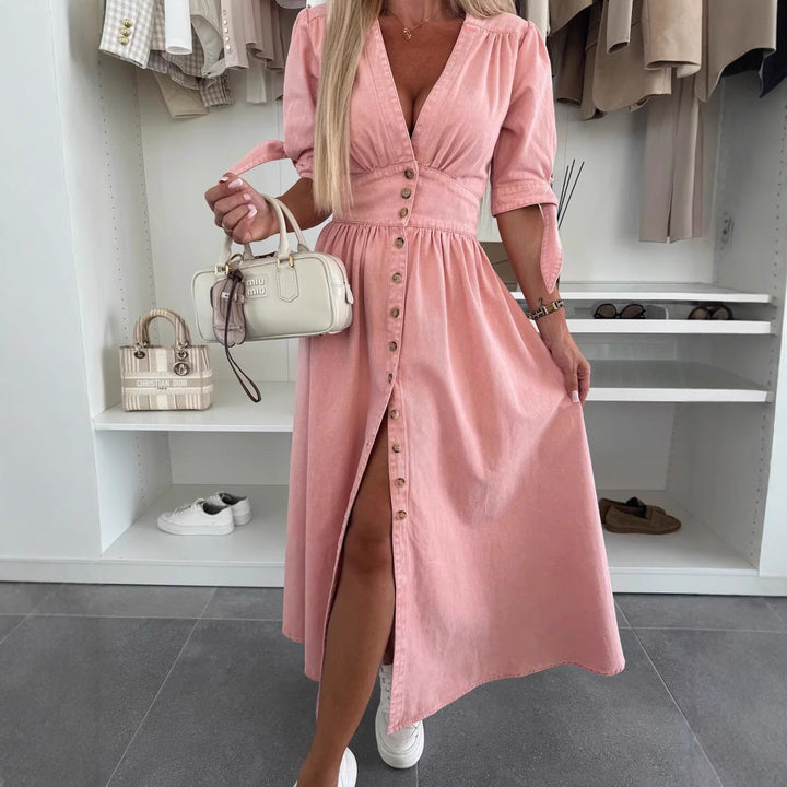 Lange Denim-jurk met V-hals