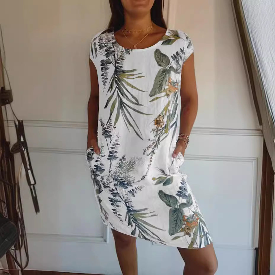 Printed Pocket Crew Dress met korte mouwen