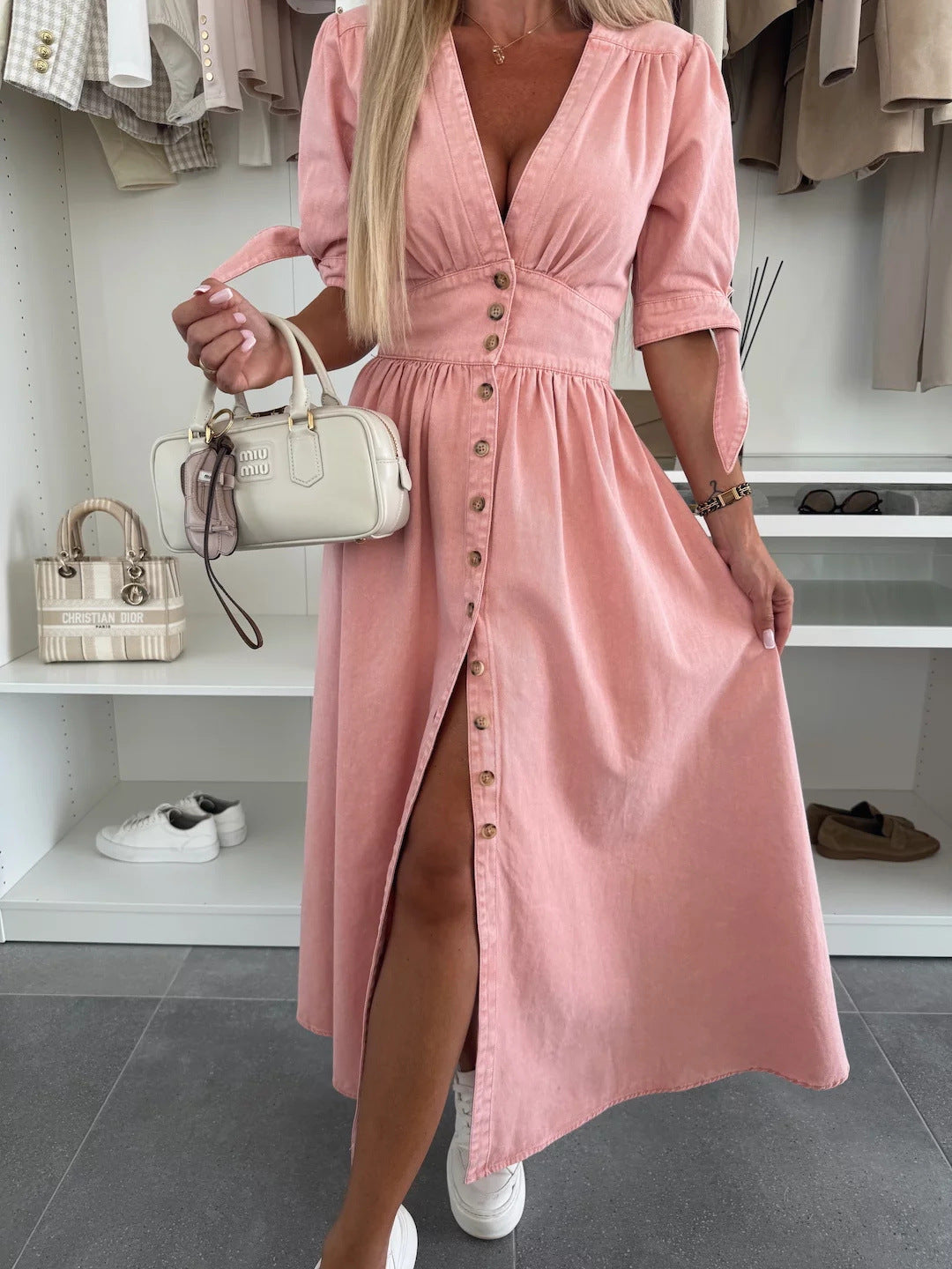 Lange Denim-jurk met V-hals