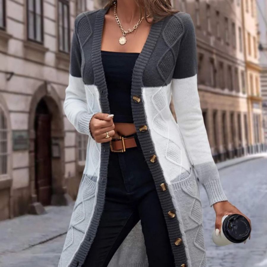 Kabelgebreide longline V-hals cardigan met colour block