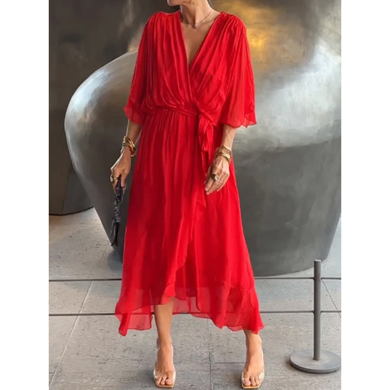 Batwing lange jurk met strikceintuur
