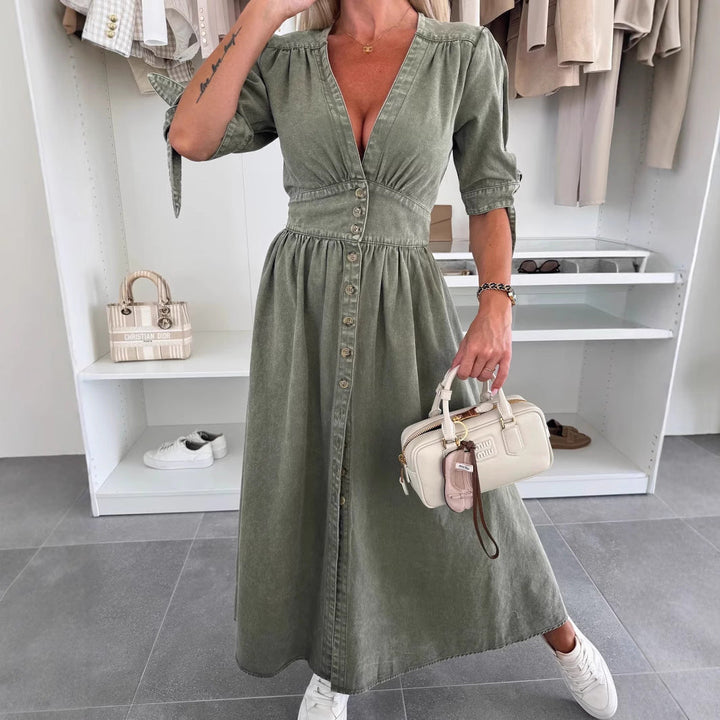 Lange Denim-jurk met V-hals