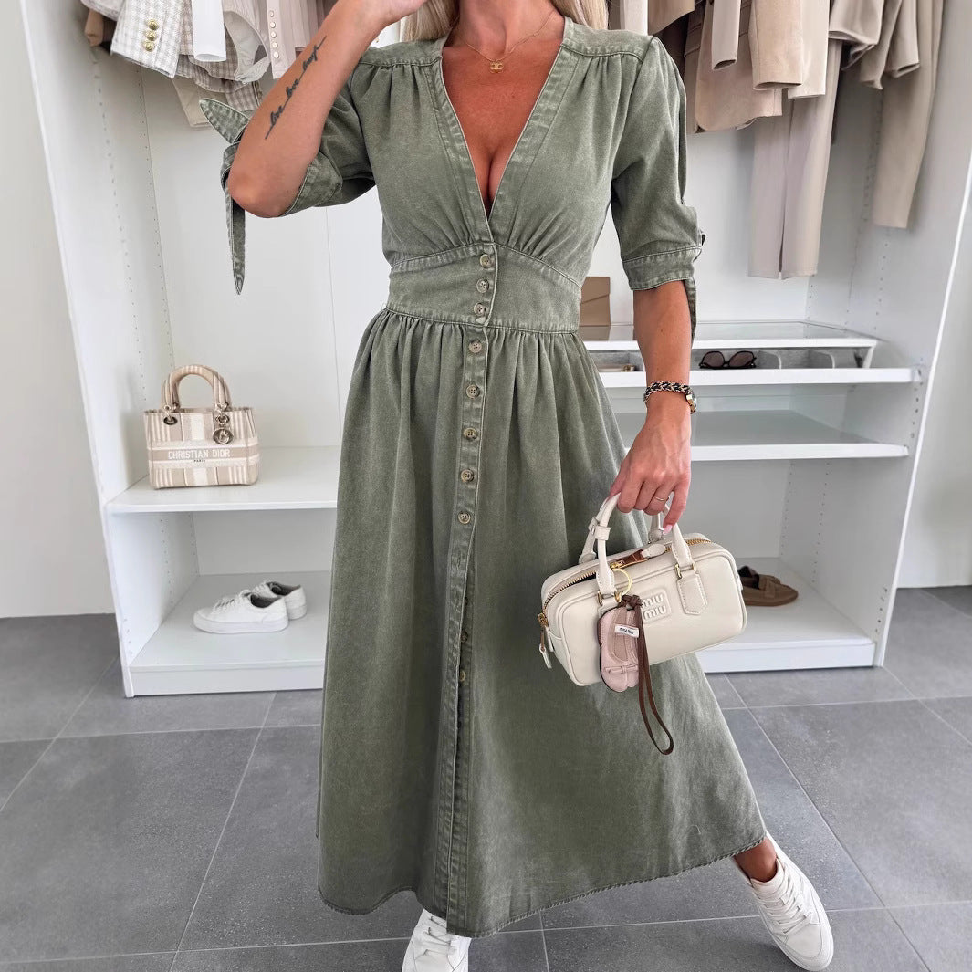 Lange Denim-jurk met V-hals