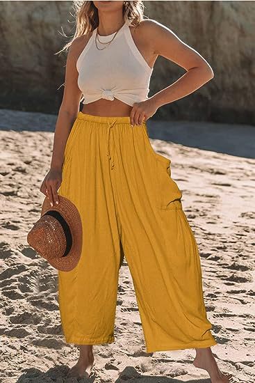 Pantalons met elastische taille, geplooid en met wijde pijpen