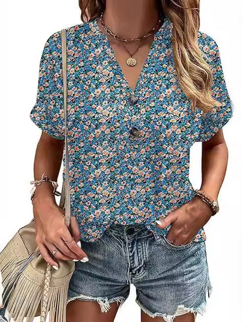 Bedrukte V-hals blouse met knoopjes