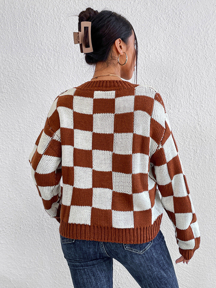 Ruitjes trui met ronde hals en lange mouwen voor dames