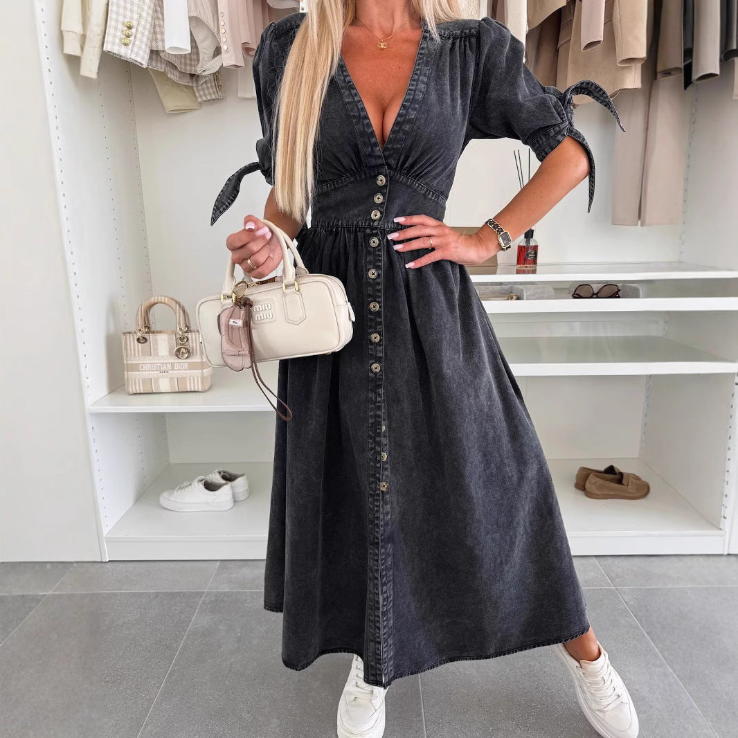 Lange Denim-jurk met V-hals