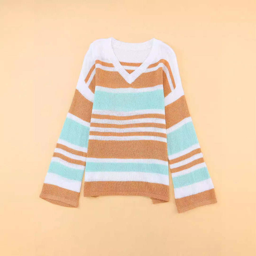 Dames pullover trui met V-hals, lange mouwen en zijsplit