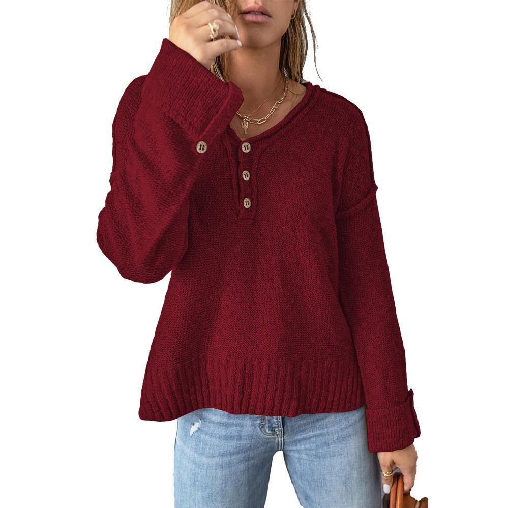 Loose Button Gebreide Drop Shoulder Sweater Dames